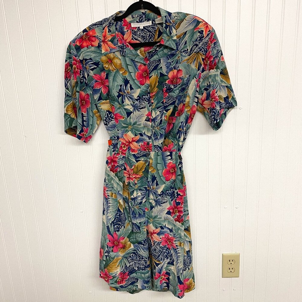 Vintage Preston & York Women's Silk Two Piece Shorts Set Tropical Size L Pockets
